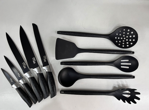 Набір ножів + кухонне начиння на підставці + обробна дошка (14 предметів) ZP – 045